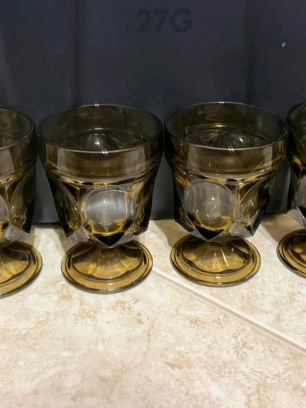 Vintage MCM Olive Smoke Brown Glass Footed Water Wine Goblets Set of 4